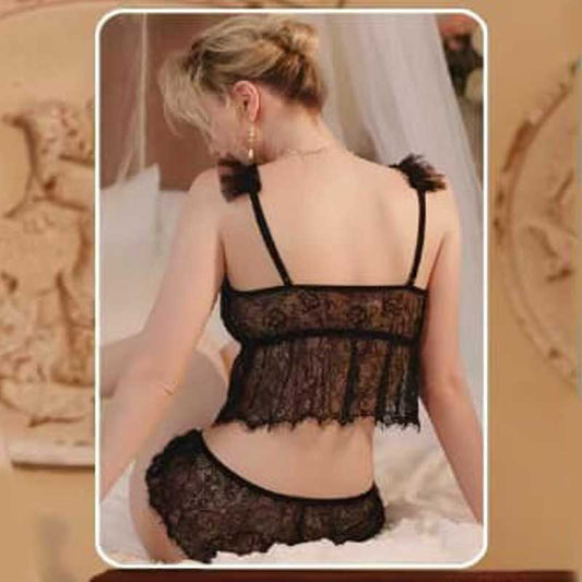 Midnight Bloom Sheer Lace Ruffle Cami & Shorts Set