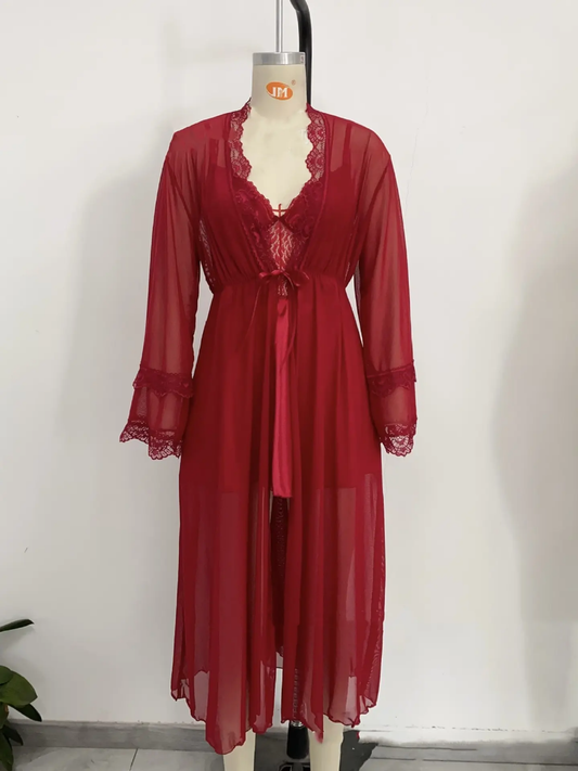 Crimson Lace Bustier Slip & Mesh Robe Duo