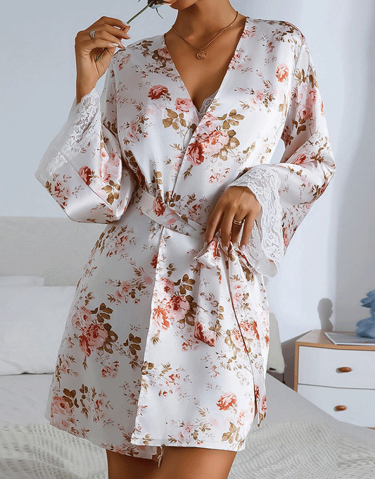 Satin Floral Lace Trim 3-Piece Nightwear-WHITE