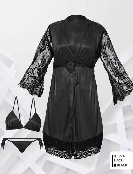 3-Piece Silk & Lace Nightwear Set – Two Hearts Collection