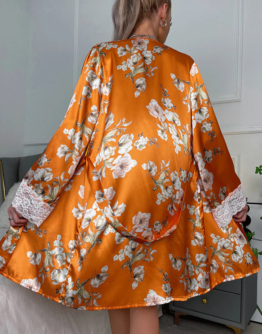 Satin Floral Lace Trim 3-Piece Nightwear-ORANGE