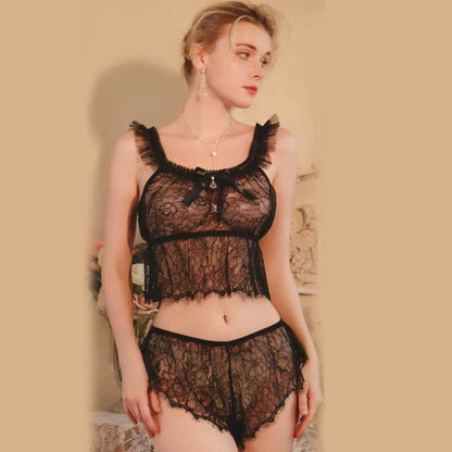 Midnight Bloom Sheer Lace Ruffle Cami & Shorts Set