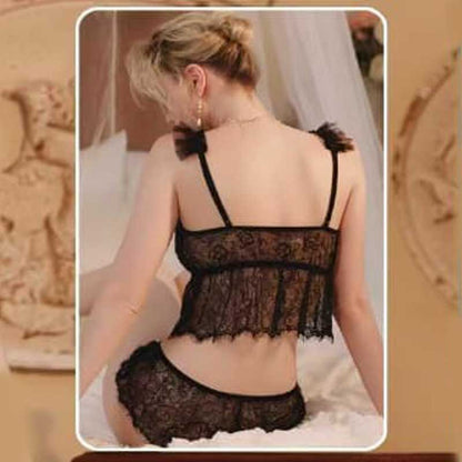 Midnight Bloom Sheer Lace Ruffle Cami & Shorts Set