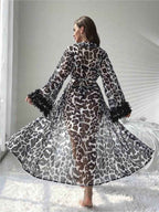 Monochrome Leopard Chiffon Maxi Robe with Ruffled Petal Cuffs