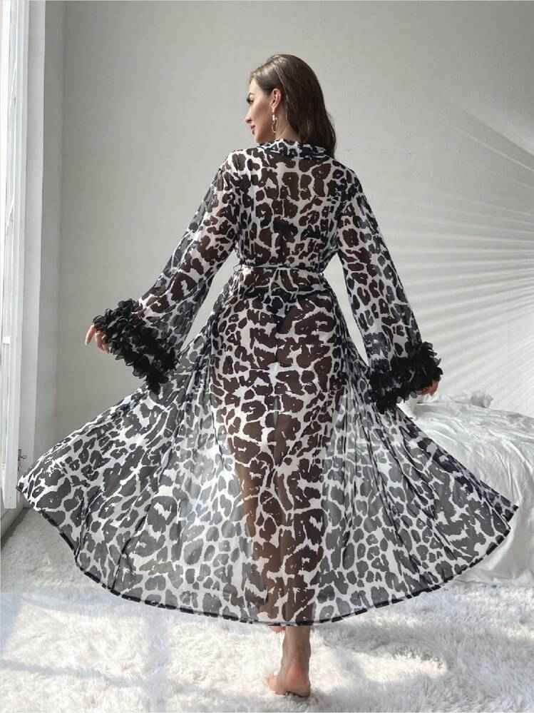 Monochrome Leopard Chiffon Maxi Robe with Ruffled Petal Cuffs
