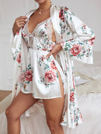Floral Print Satin Chemise and Robe Set