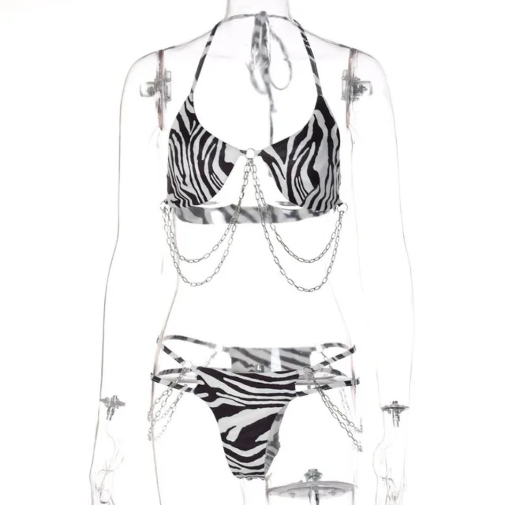 Zebra Print Chain Detail Lingerie Set – Bold & Sexy Two-Piece