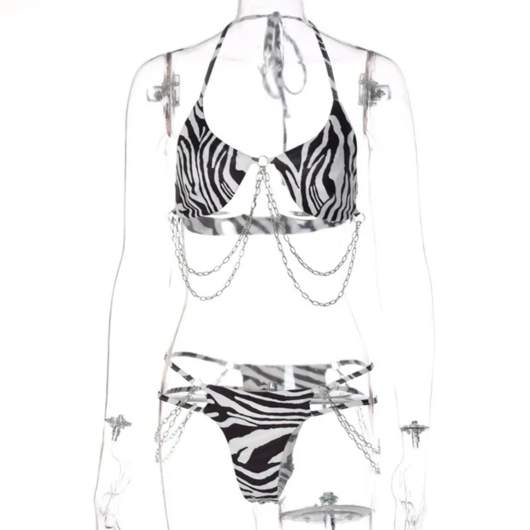 Zebra Print Chain Detail Lingerie Set – Bold & Sexy Two-Piece