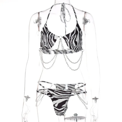 Zebra Print Chain Detail Lingerie Set – Bold & Sexy Two-Piece