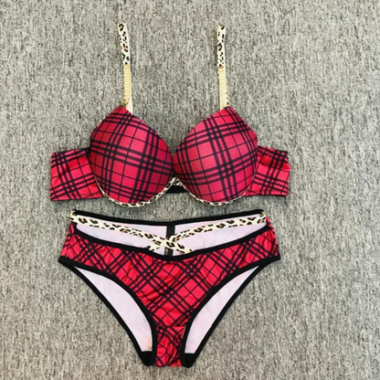 Chain Detail Check Print Bra Set