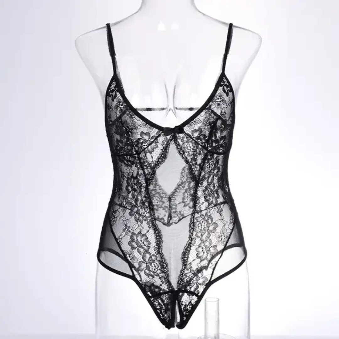 Sexy Black Lace Mesh Teddy Lingerie Bodysuit - Deep V Spaghetti Strap