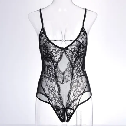 Sexy Black Lace Mesh Teddy Lingerie Bodysuit - Deep V Spaghetti Strap