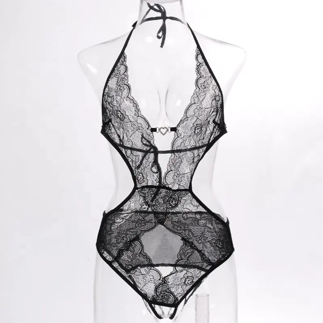 SD - Sultry Black Lace Halter Teddy Lingerie with Heart Detail - Open Back Bodysuit