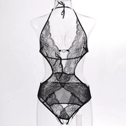Sultry Black Lace Halter Teddy Lingerie with Heart Detail - Open Back Bodysuit