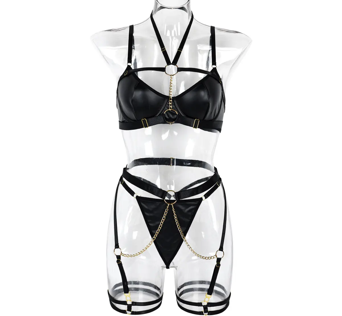 Black Pu Leather Chain Harness Lingerie Set