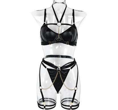 Black Pu Leather Chain Harness Lingerie Set