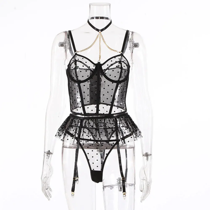 Muse Polka Dot Mesh Bustier & Garter Skirt Lingerie Set