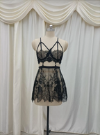 Midnight Bloom Lace Caged Bralette and Mini Skirt Lingerie Set