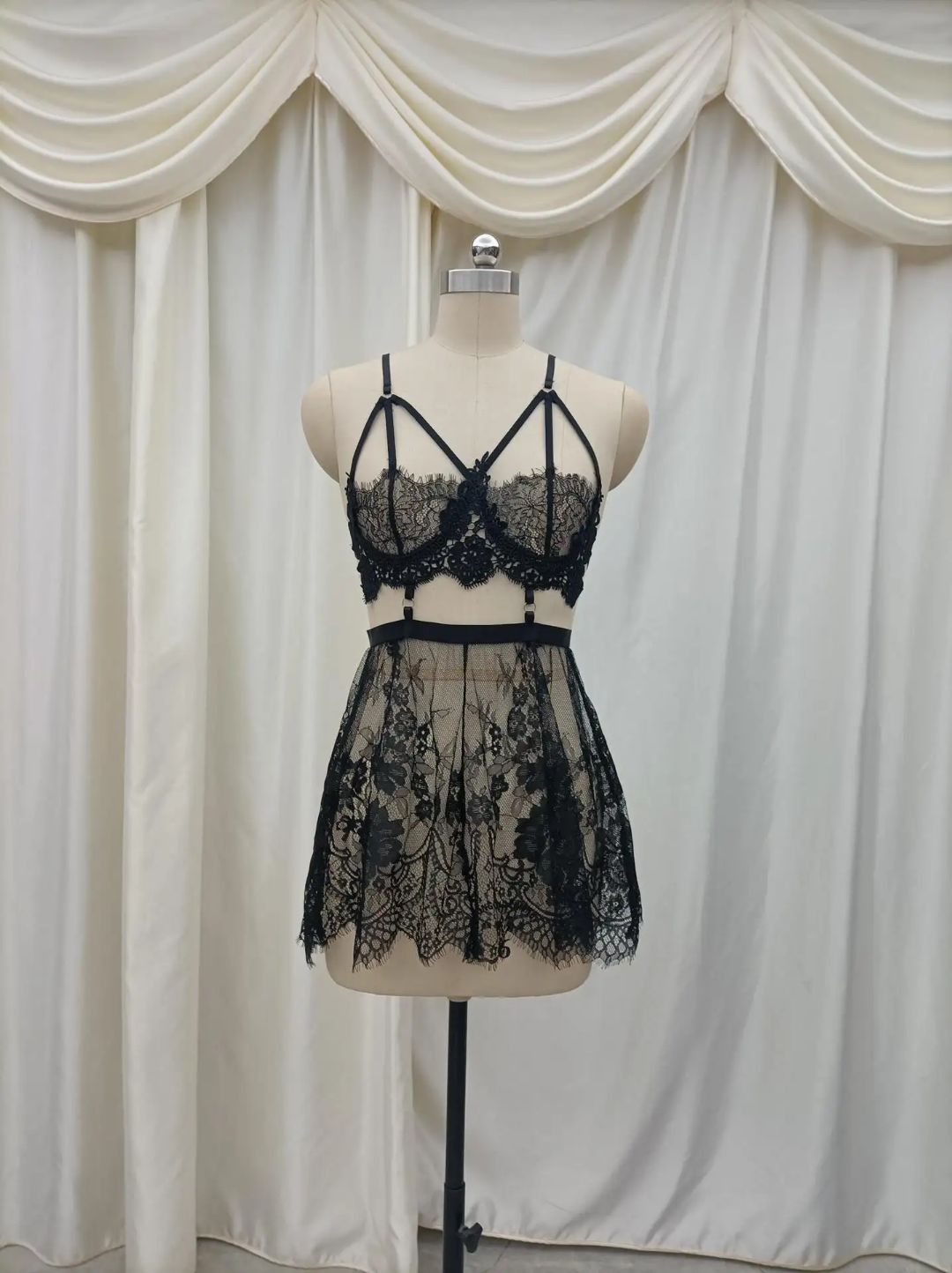 Midnight Bloom Lace Caged Bralette and Mini Skirt Lingerie Set