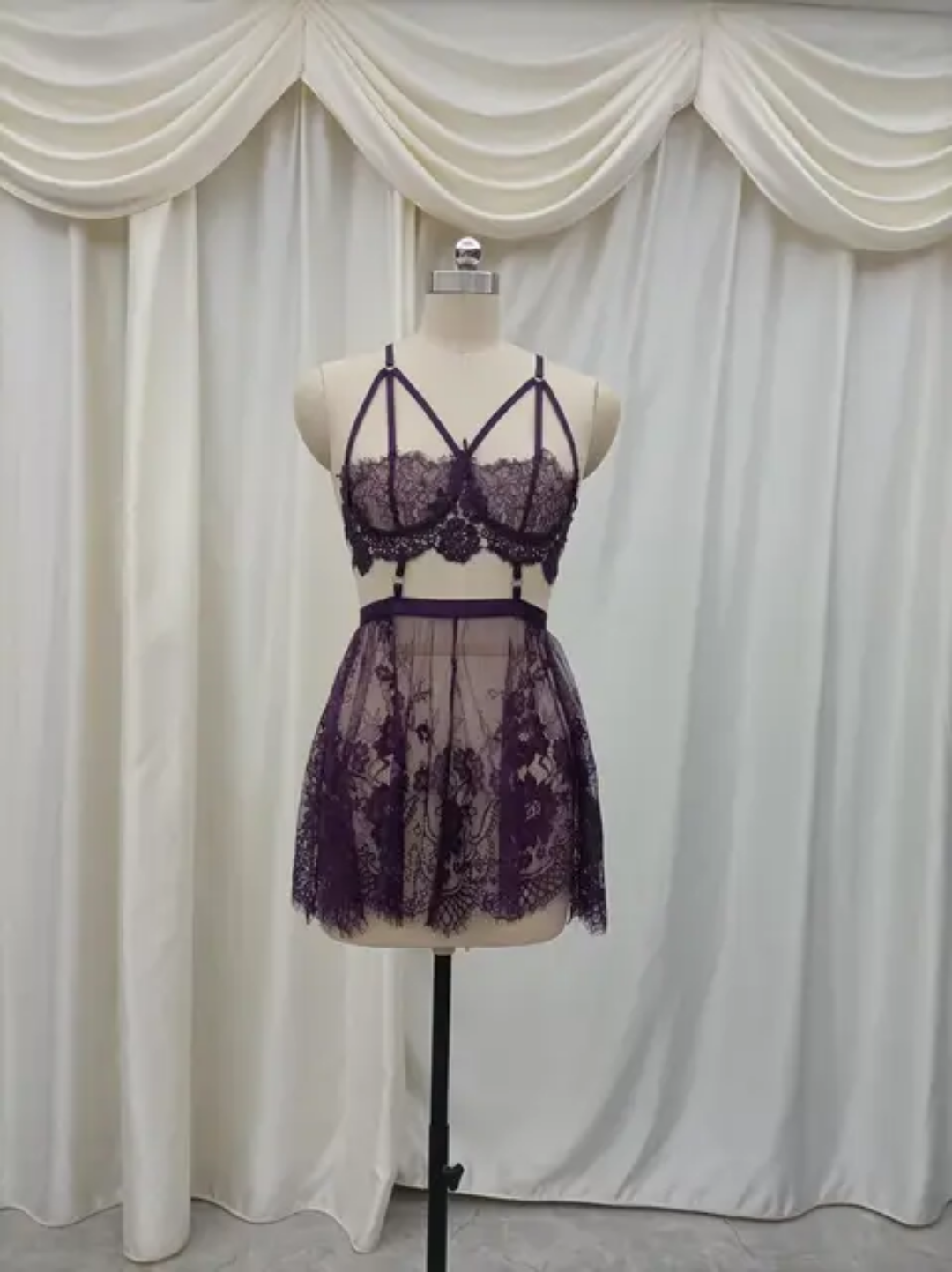 Midnight Bloom Lace Caged Bralette and Mini Skirt Lingerie Set