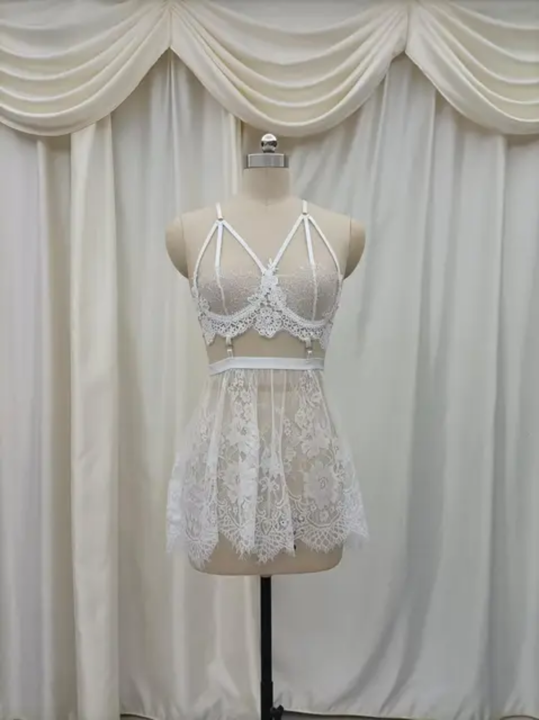 Midnight Bloom Lace Caged Bralette and Mini Skirt Lingerie Set