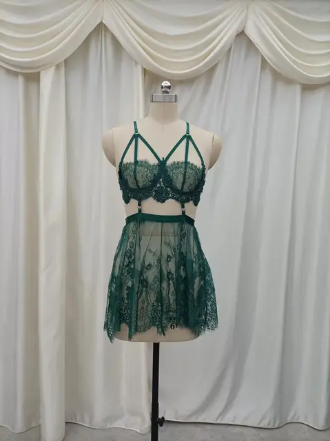 Midnight Bloom Lace Caged Bralette and Mini Skirt Lingerie Set