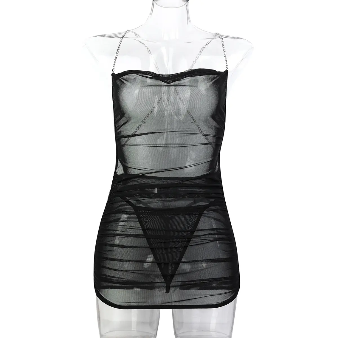 Midnight Soft Mesh Ruched Mini Dress