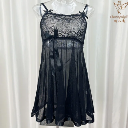 Ethereal Lace & Sheer Mesh Babydoll Lingerie Set