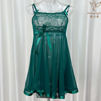 Ethereal Lace & Sheer Mesh Babydoll Lingerie Set