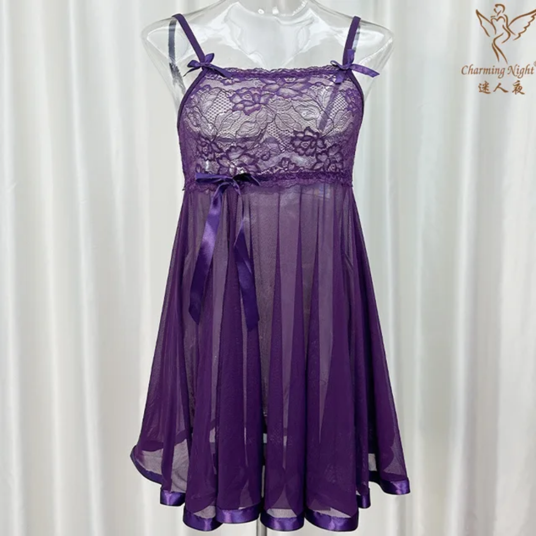 Ethereal Lace & Sheer Mesh Babydoll Lingerie Set