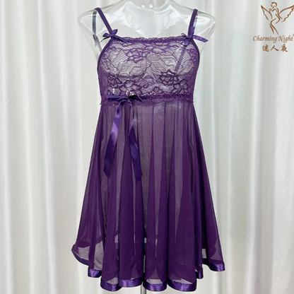 Ethereal Lace & Sheer Mesh Babydoll Lingerie Set