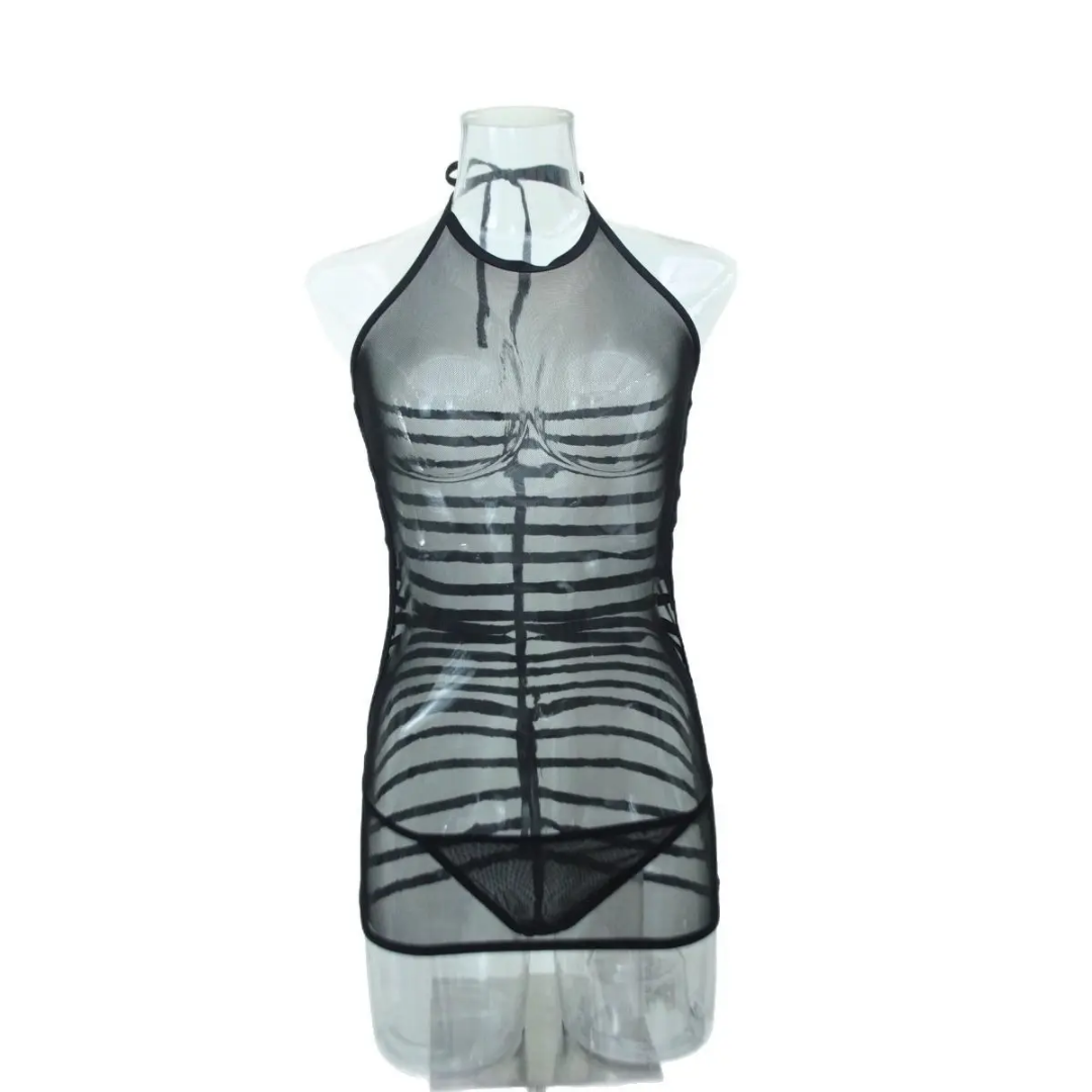Sheer Mesh Halter Mini Dress – Sexy Cut-Out Side Lingerie Nightwear