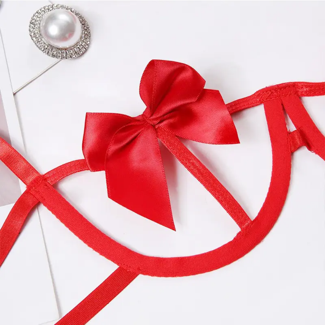 Sensual Bow Cut-Out Lingerie Set – 4-Piece Strappy Bralette, G-String, & Leg Garter Set