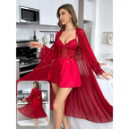 Crimson Lace Bustier Slip & Mesh Robe Duo