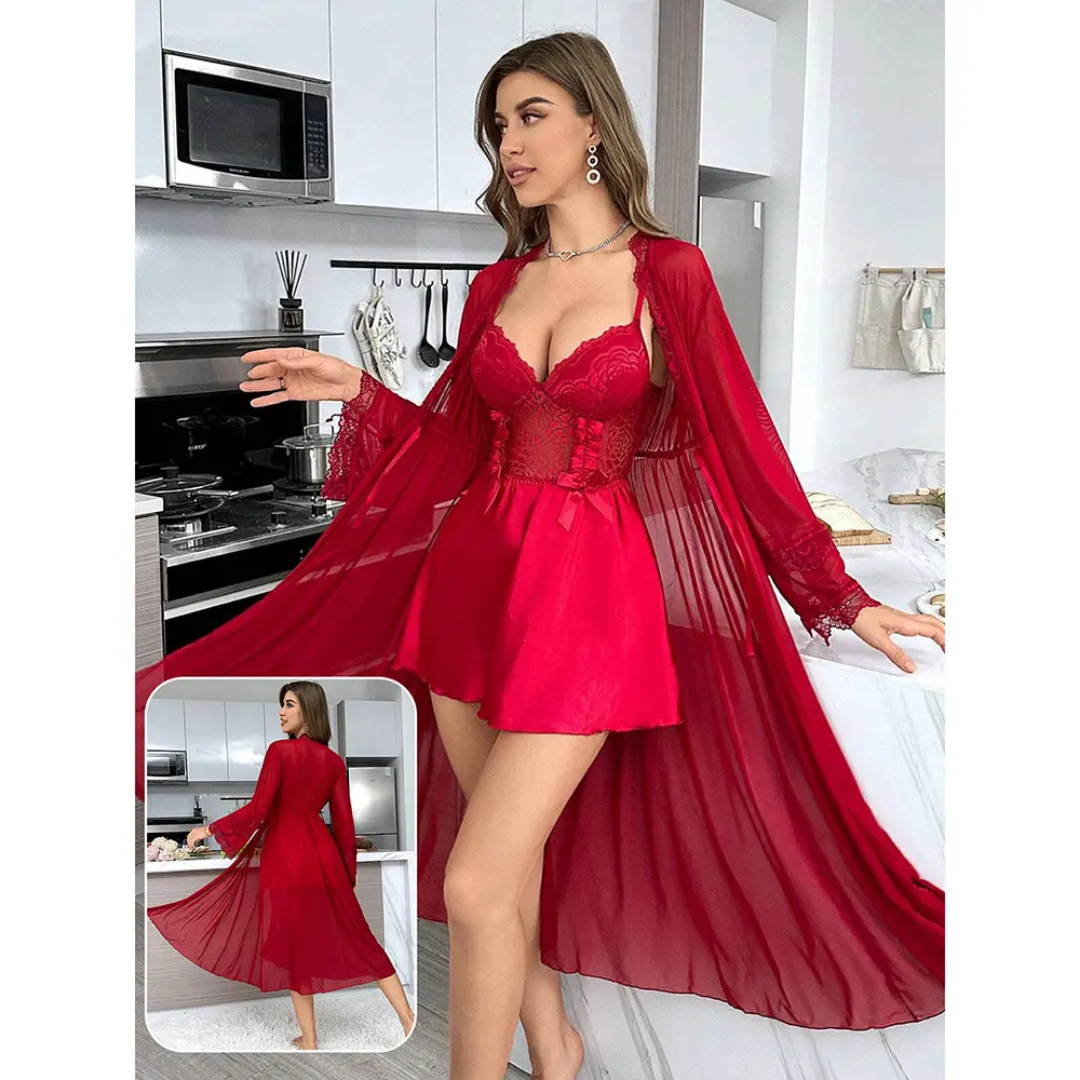 Crimson Lace Bustier Slip & Mesh Robe Duo