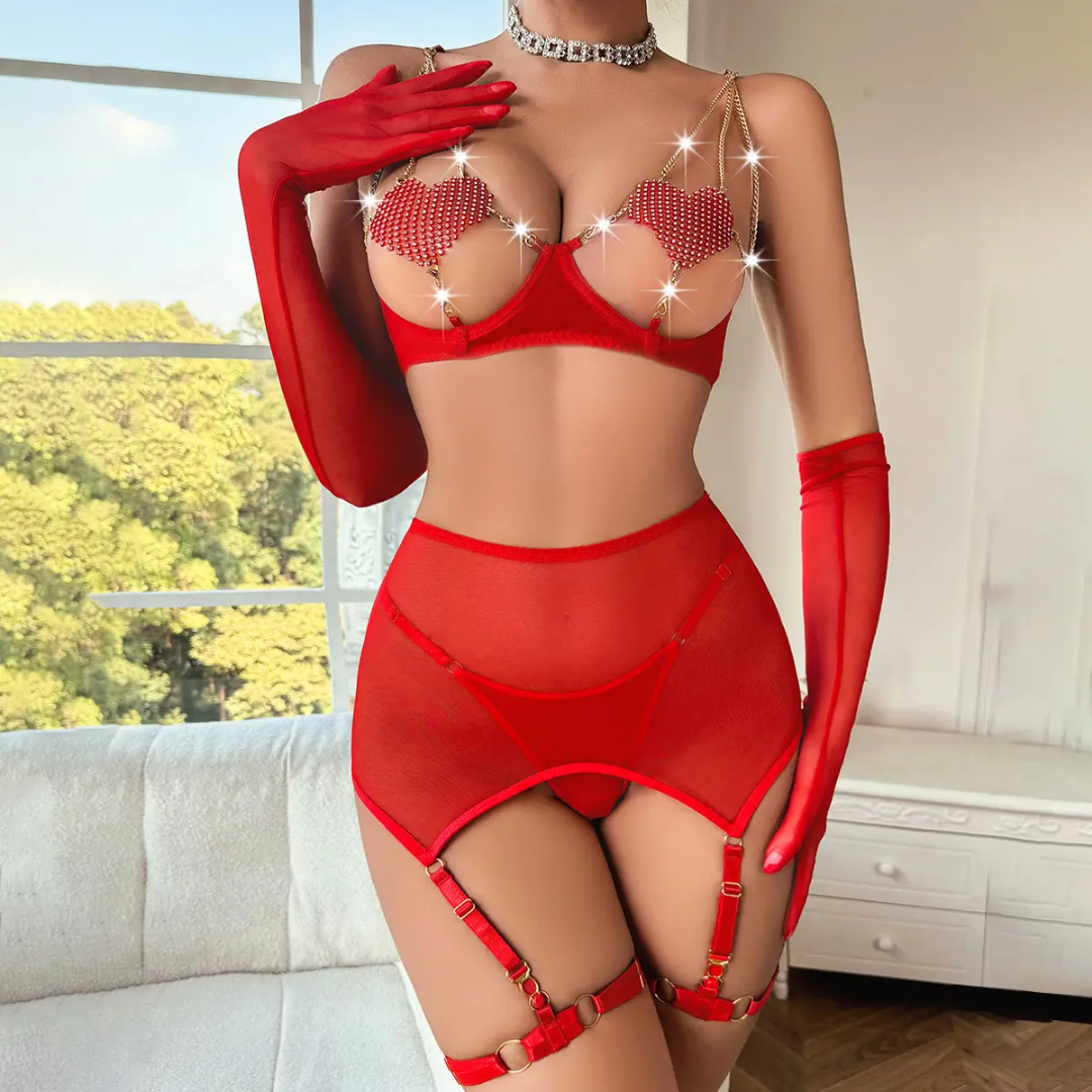 Queen of Hearts: 4-Piece Rhinestone Chain Lingerie Set with Opera Gloves