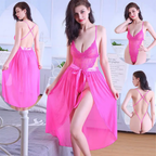 Sheer Mesh Backless Lace Teddy with Matching Open Skirt Set