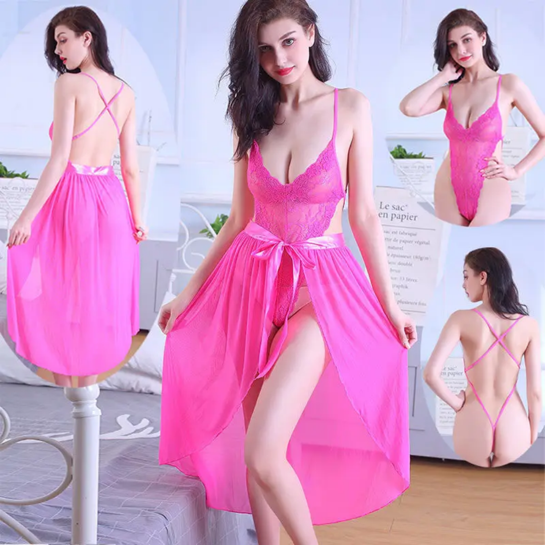 Sheer Mesh Backless Lace Teddy with Matching Open Skirt Set