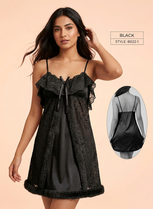 Floral Lace & Plush Trim Babydoll Chemise