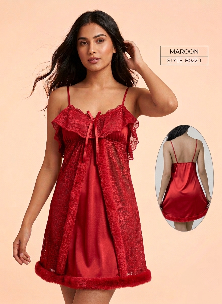 Floral Lace & Plush Trim Babydoll Chemise
