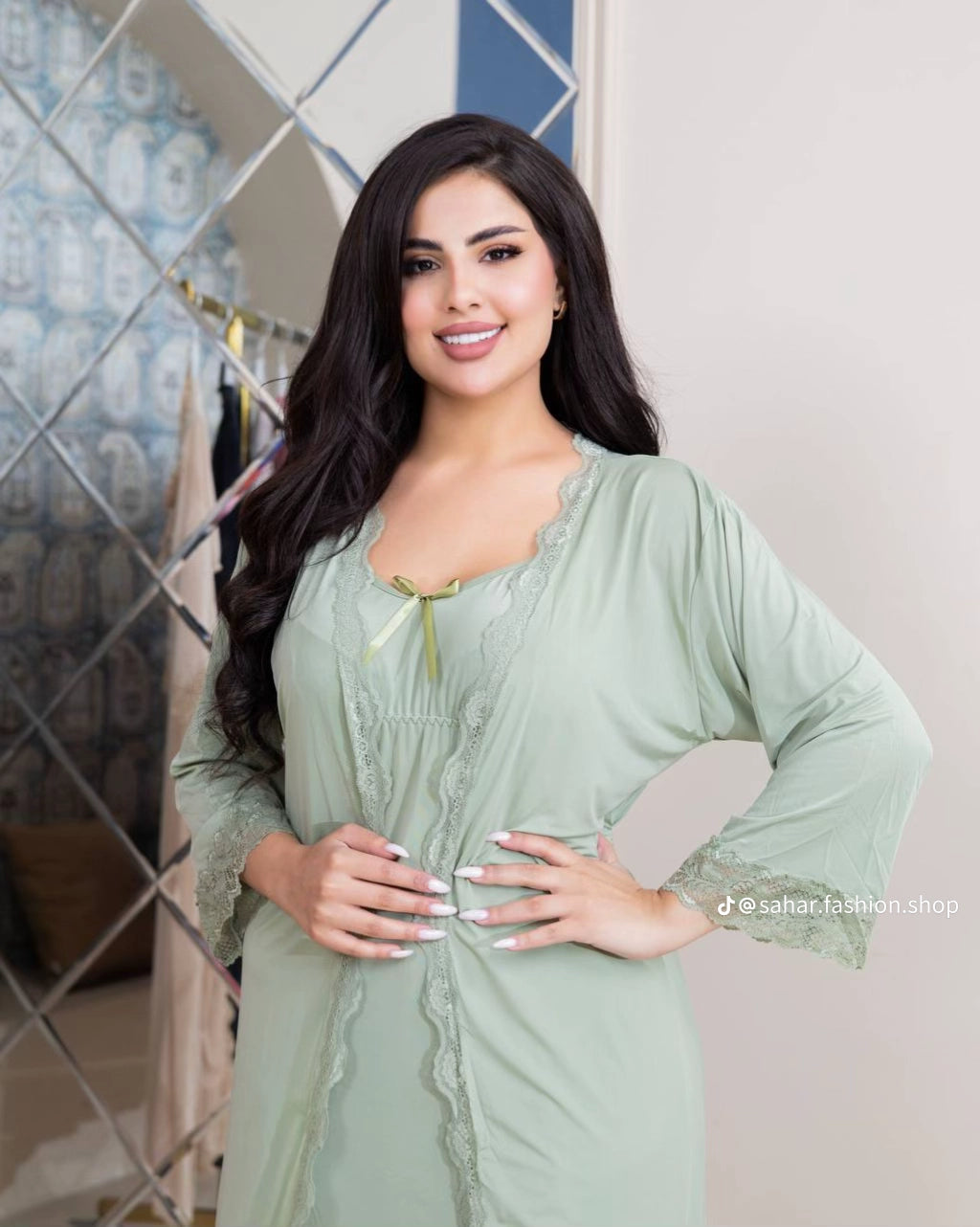 Midnight Sage 3-Piece Luxury Lounge Set: Cooling Ice Silk & Scalloped Lace