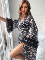 Monochrome Leopard Chiffon Maxi Robe with Ruffled Petal Cuffs