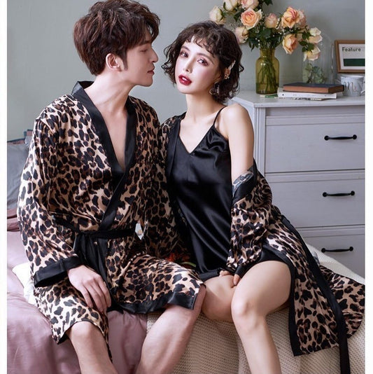 Couples' Leopard Print Silk Satin Robe & Nightdress Set
