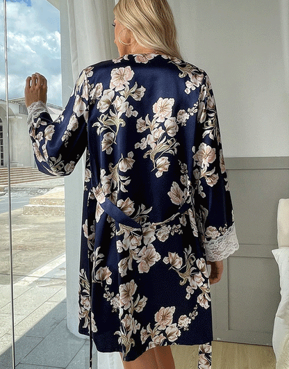 Satin Floral Lace Trim 3-Piece Nightwear-NAVY BLUE