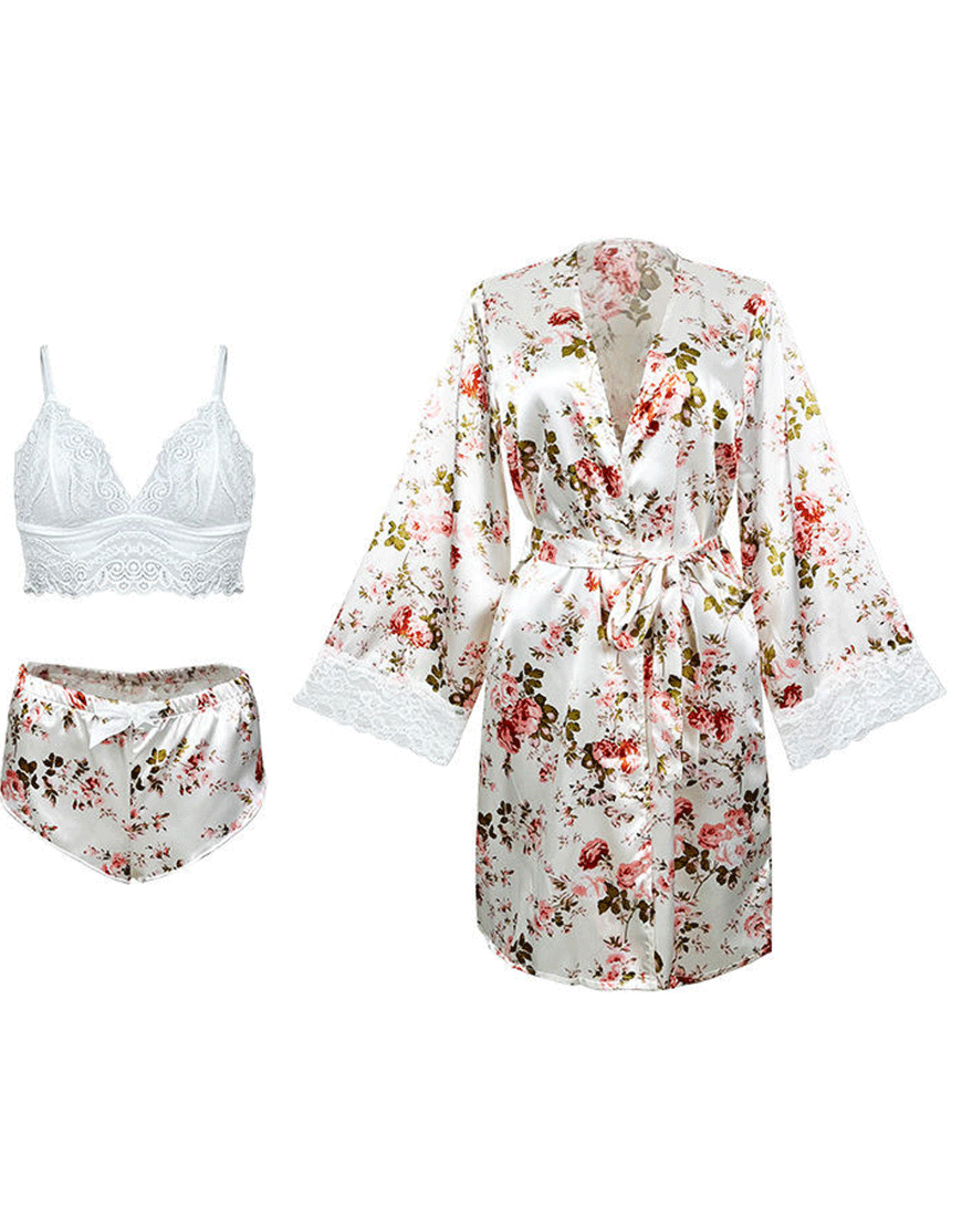 Satin Floral Lace Trim 3-Piece Nightwear-WHITE