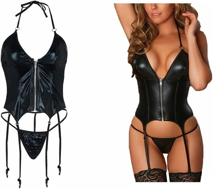 Midnight Onyx Faux-Leather Corset & Garter 3-Piece Set