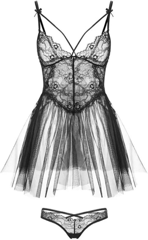Black Lace & Mesh Babydoll Lingerie Set