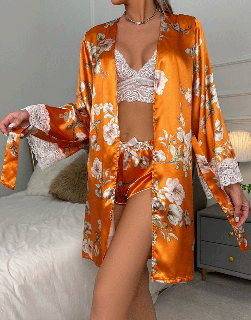 Satin Floral Lace Trim 3-Piece Nightwear-ORANGE