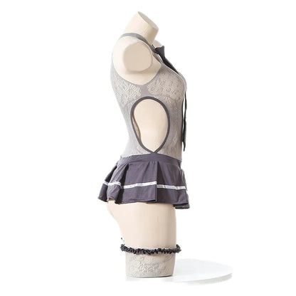 Schoolgirl-Inspired Mesh Lingerie Dress – 3 Piece Set With Stockings