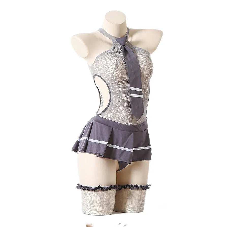 Schoolgirl-Inspired Mesh Lingerie Dress – 3 Piece Set With Stockings
